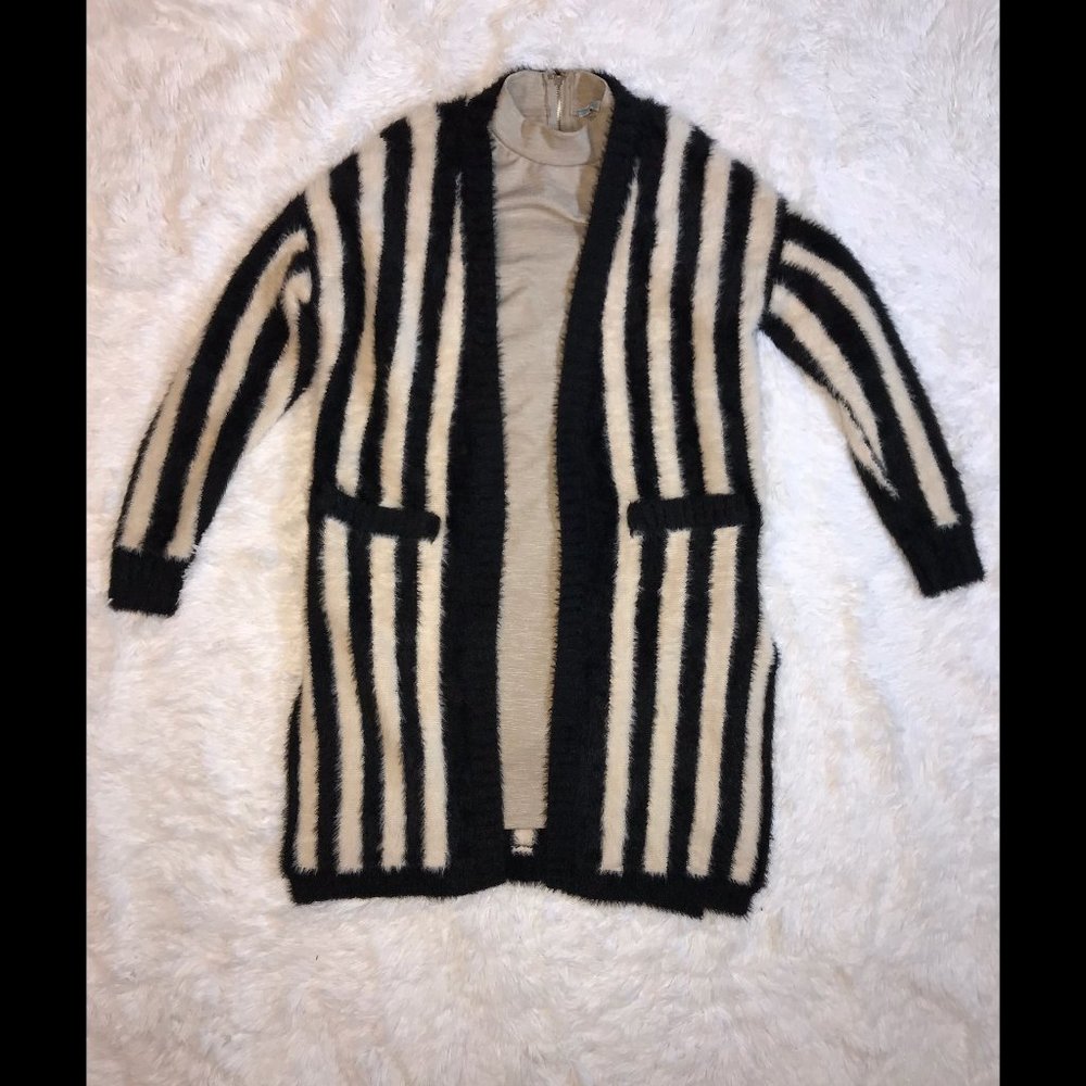 Fuzzy Taupe & Black Striped Long Cardigan Sweater